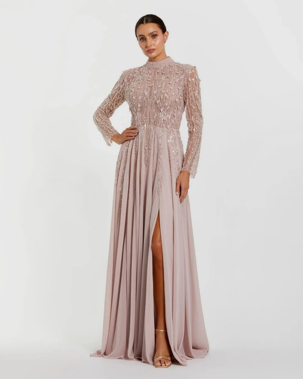 

Customized Exquisite Women Chiffon Rhinestone Beading A-line Evening Dresses Fashion High Collar Long Sleeves Floor Lenght Dress