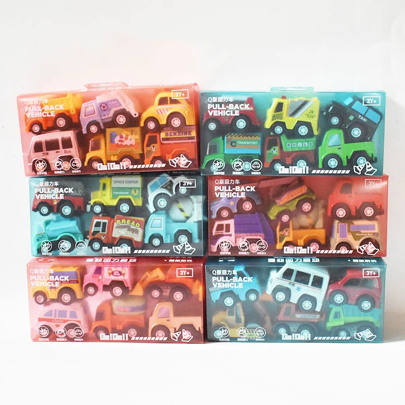 6Pcs Mini Inercyjny Pull Back Engineering Car Set Kids Cartoon Q Version Toys Birthday Birthday Party Guest Gift Favor Prize Pack