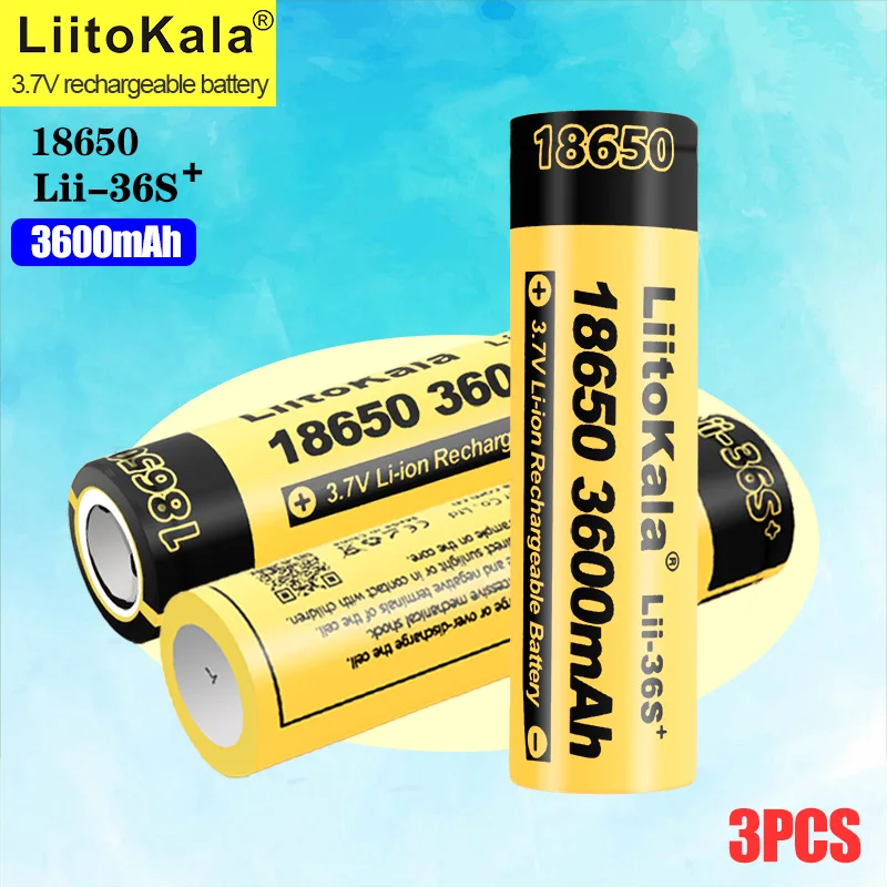 3pcs LiitoKala Lii-36S 18650 3600mAh 3.7V Li-Ion Rechargeable Battery 10A Lithium Battery High Drain For Flashinglight Vaping