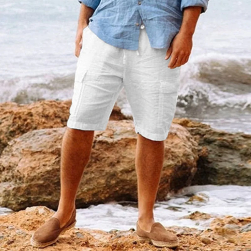 Seaside Beach Mens Casual Shorts 2025 Spring Summer Cotton Loose Breathable Shorts Men Leisure Patch Pockets Solid Color Shorts