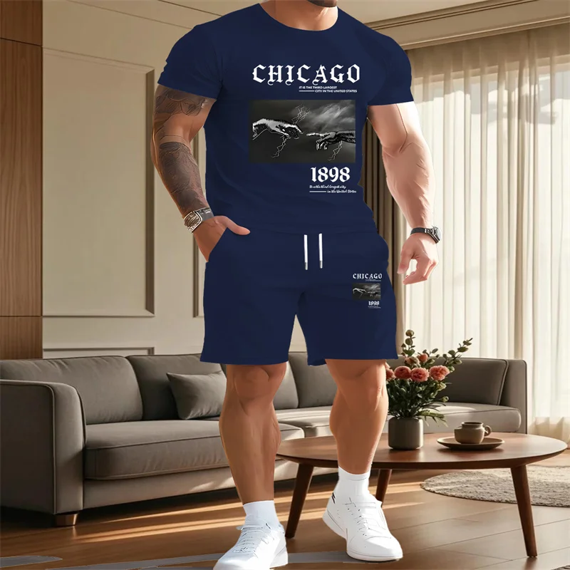 

Summer men's set quick drying breathable sportswear round neck short sleeved top shorts set outdoor daily casual two-piece set
