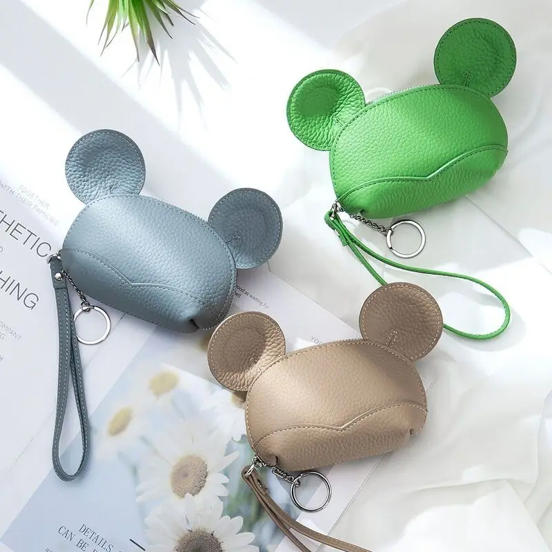 Casual and Minimalist First-Layer Cowhide Cute Genuine Leather Compact Mini Keychain Coin Purse for Women