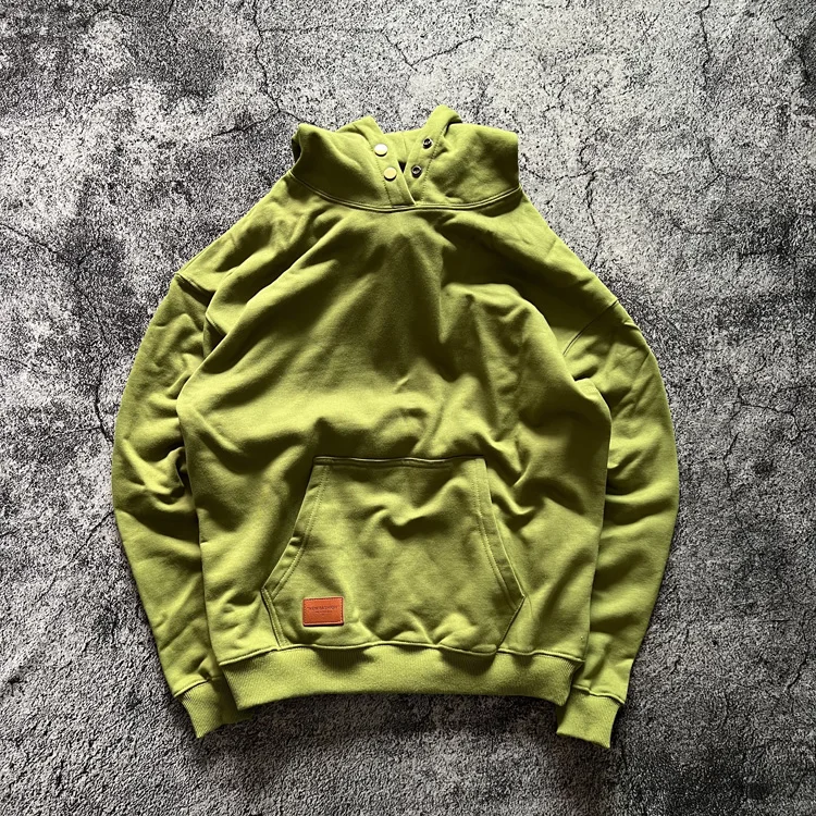 American Heavyweight 400gsm Simple Distressed Washed Solid Button Hooded Loose Loop Hoodie for Men Spring Autumn Sweatshirt Tops