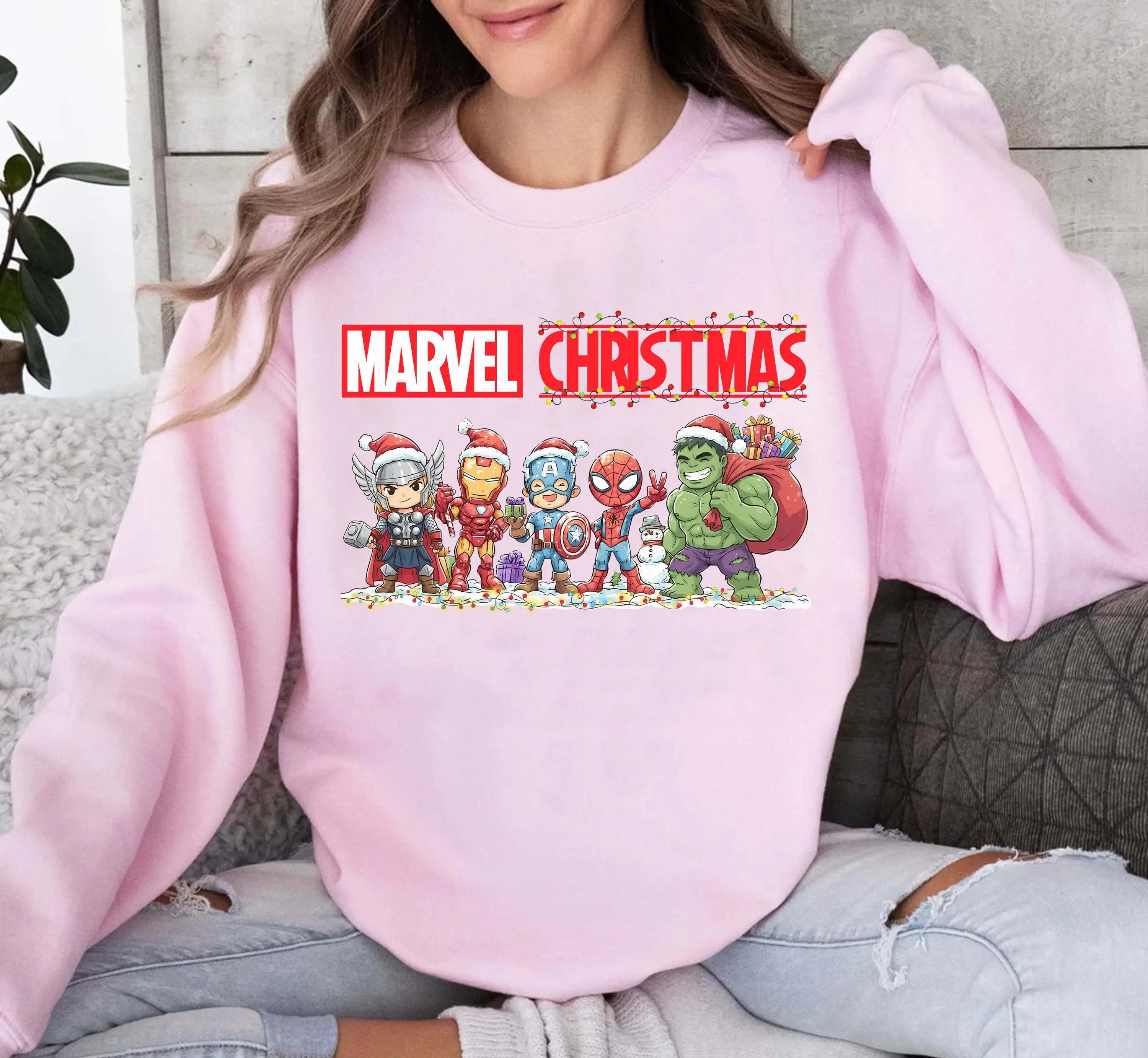 قميص Marvel Avenger Christmas Lights Group قميص Marvel Spider Man Hulk Iron Man Thor Xmas لرحلة عيد الميلاد Marvel