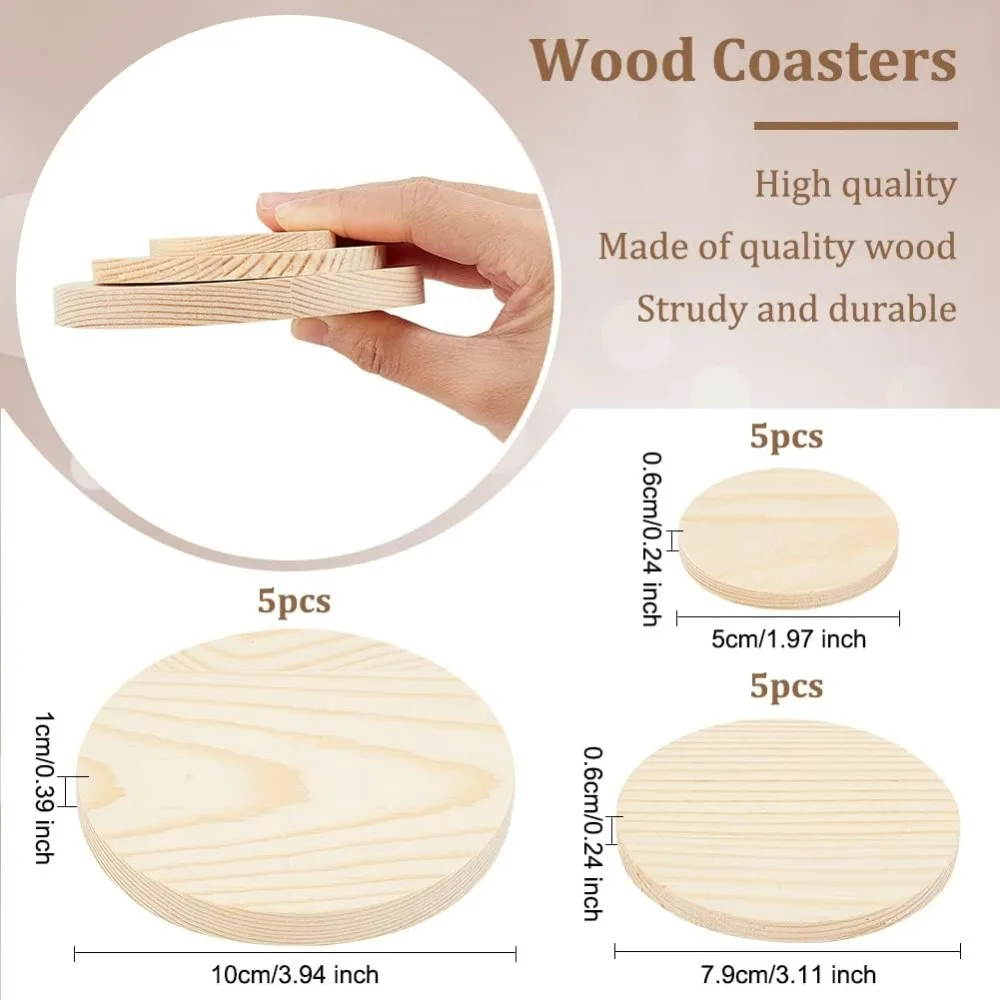 15Pcs 3 Size Unfinished Round Wood Coasters 2/3/4inch Blank Unfinished  Cutouts Slices for Crafts Coasters DIY