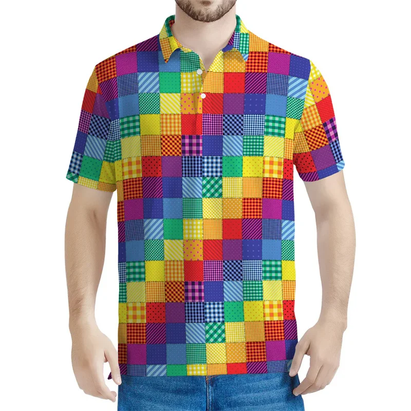Polo de rayas de arcoíris con patrón geométrico para hombre, 3D Camiseta de manga corta con estampado, Polo informal con botones de calle, camisetas de solapa de verano