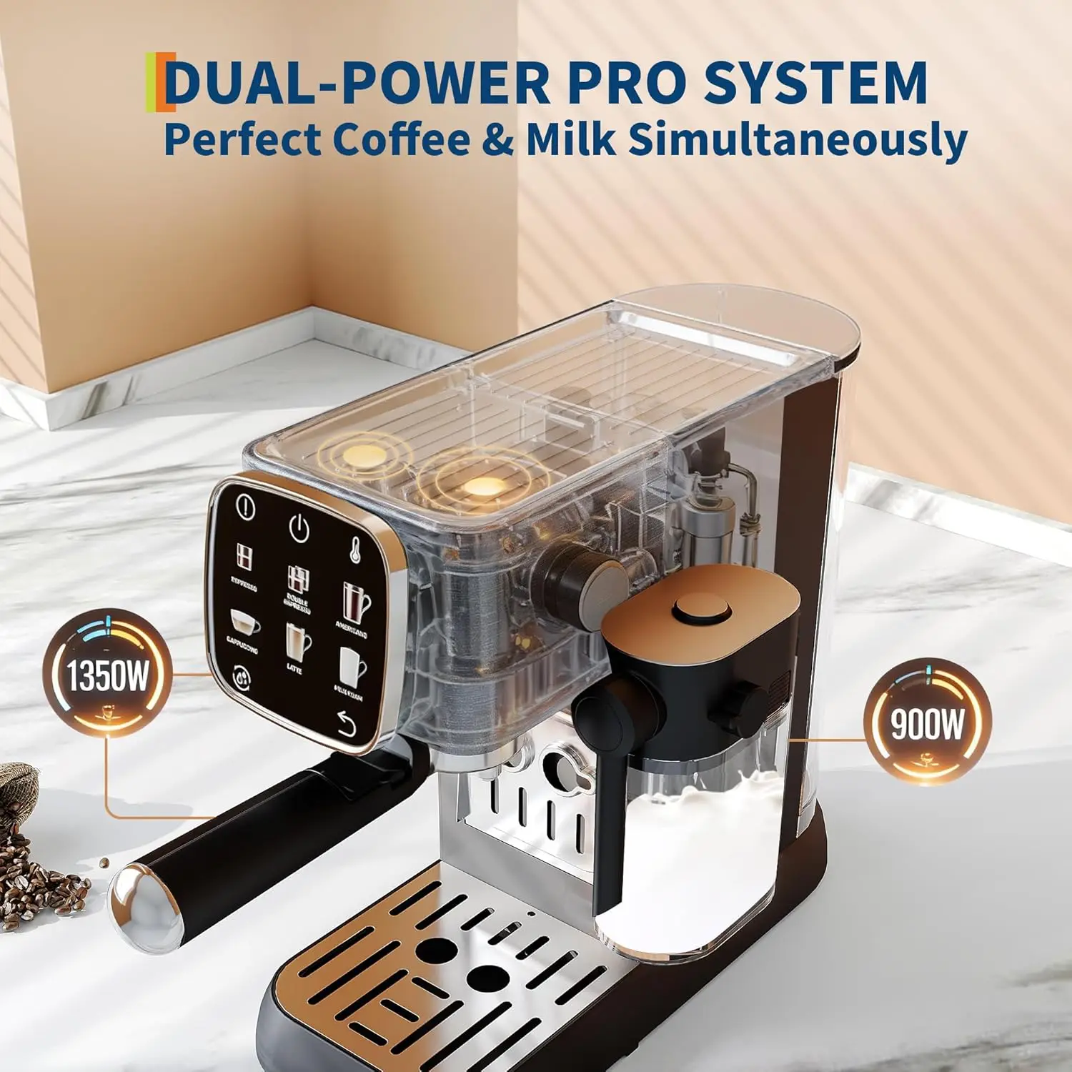 20 Bar Compact Espresso Machine With Milk Frother & Black Touchscreen Professional Coffee Maker With Adjustable Temp