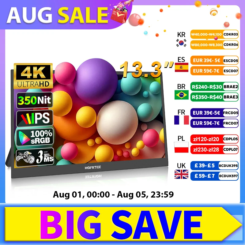 

HGFRTEE 3840*2160 13.3inch 4K Portable Monitor 100%sRGB 350Cd/m² Second Screen for MAC/Laptop/PC/Xbox/PS5/Switch
