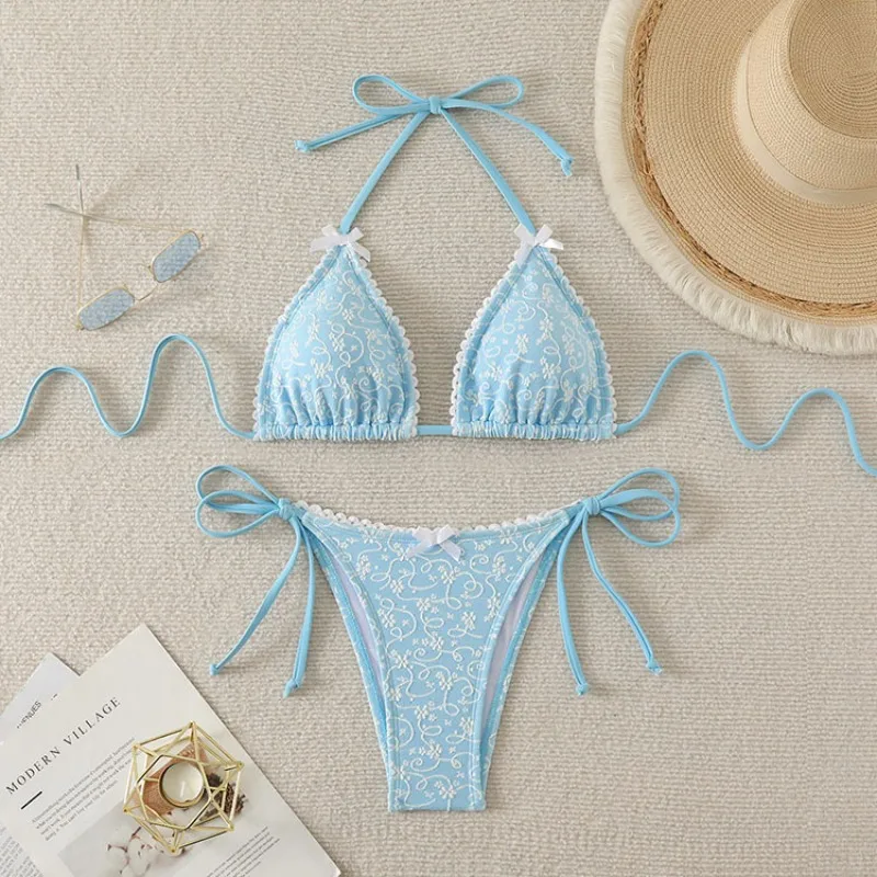 

sexy flower print bow sky blue bikinis sets two pieces halter tie swimsuit Swimwear beachwear conjunto de bikini biquini tankini