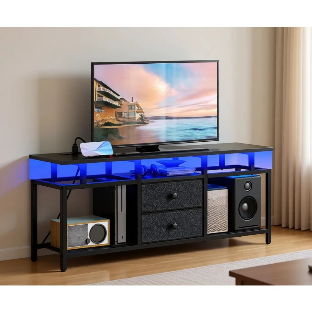 

Тумба под телевизор со светодиодной подсветкой, розетками, тканевыми ящиками, открытыми полками, 41,7 дюйма, медиаконсоль для гостиной и спальни