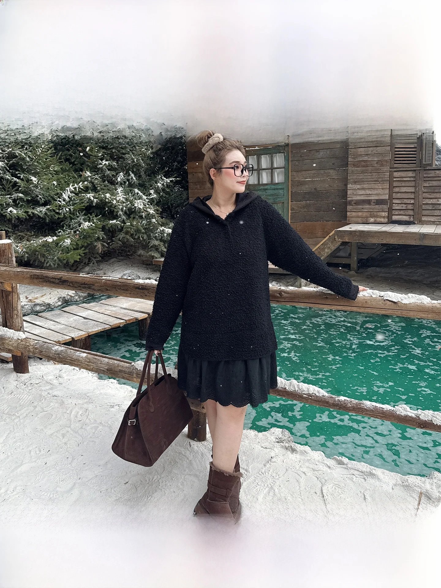 

Зимнее платье большого размера с капюшоном, имитация двух частей, с кружевными вставками, женская одежда в корейском стиле, для повседневной носки, с длинными рукавами, короткая юбка