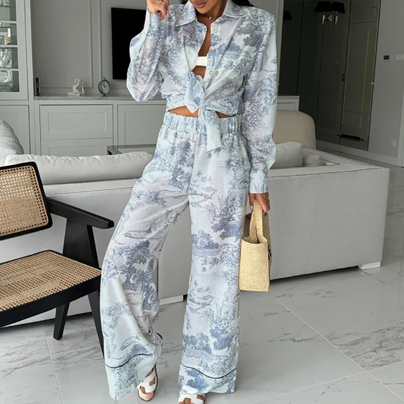 Women\'s Elegant Long Sleeve Loose 2 Piece Set New Autumn Pattern Printed Shirt Suit Casual Elastic Waist Straight Pants Outfit