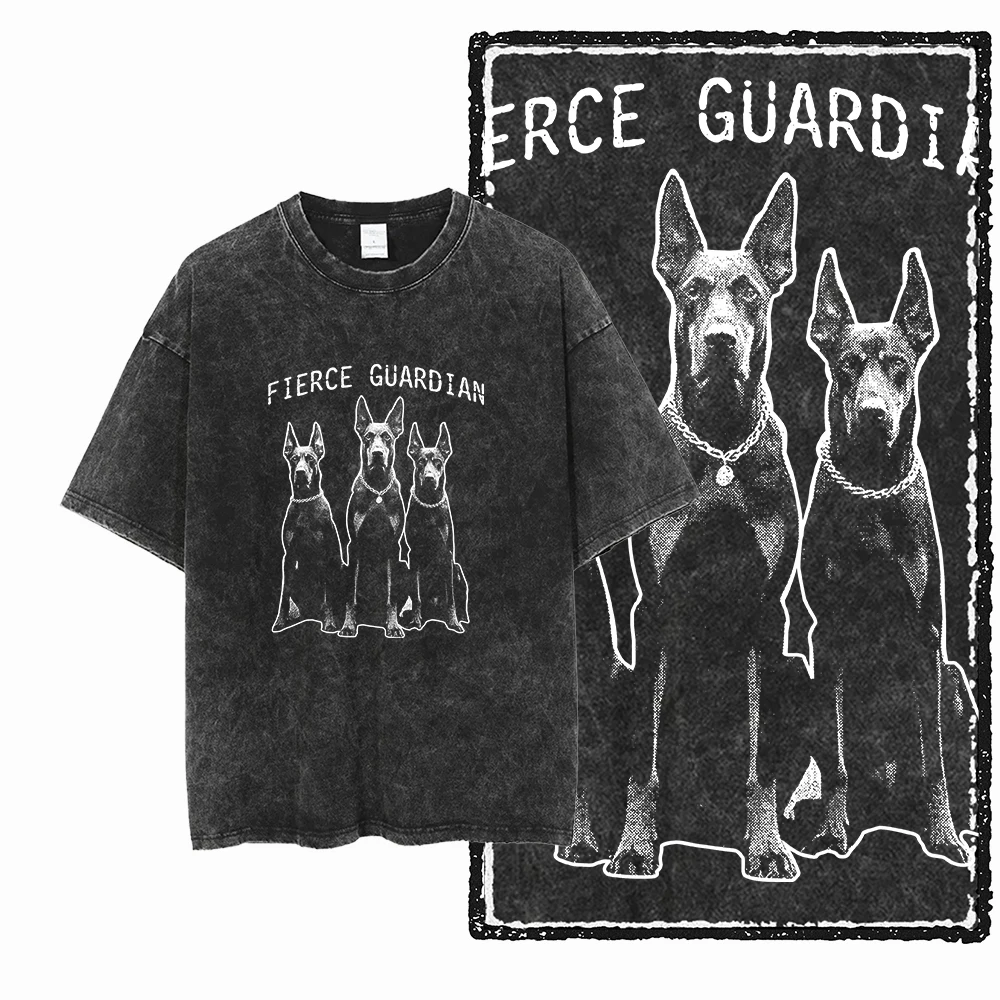 Cool rétro Streetwear femmes T-shirt DCC DOBERMAN chien imprimé acide lavé coton motif exclusif unisexe T-shirt Harajuku