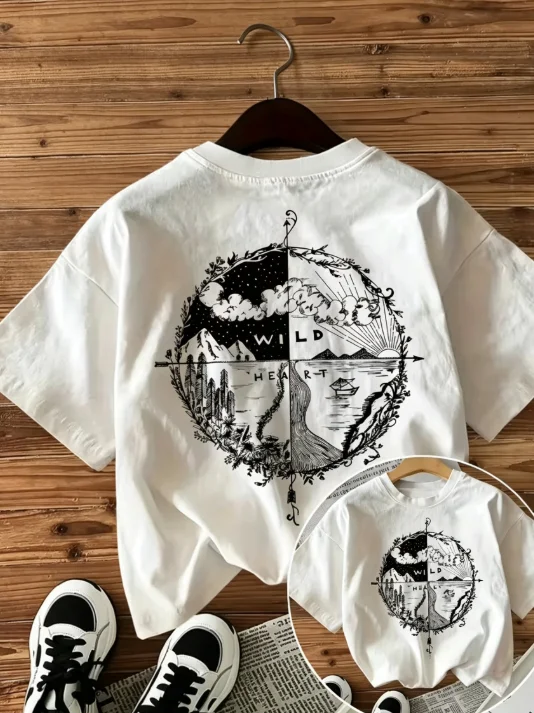 2026 Men Wild Heart Graphic T‑Shirt Casual Loose Short Sleeve Tee Vintage Mountain Compass Landscape Streetwear Tops For Male