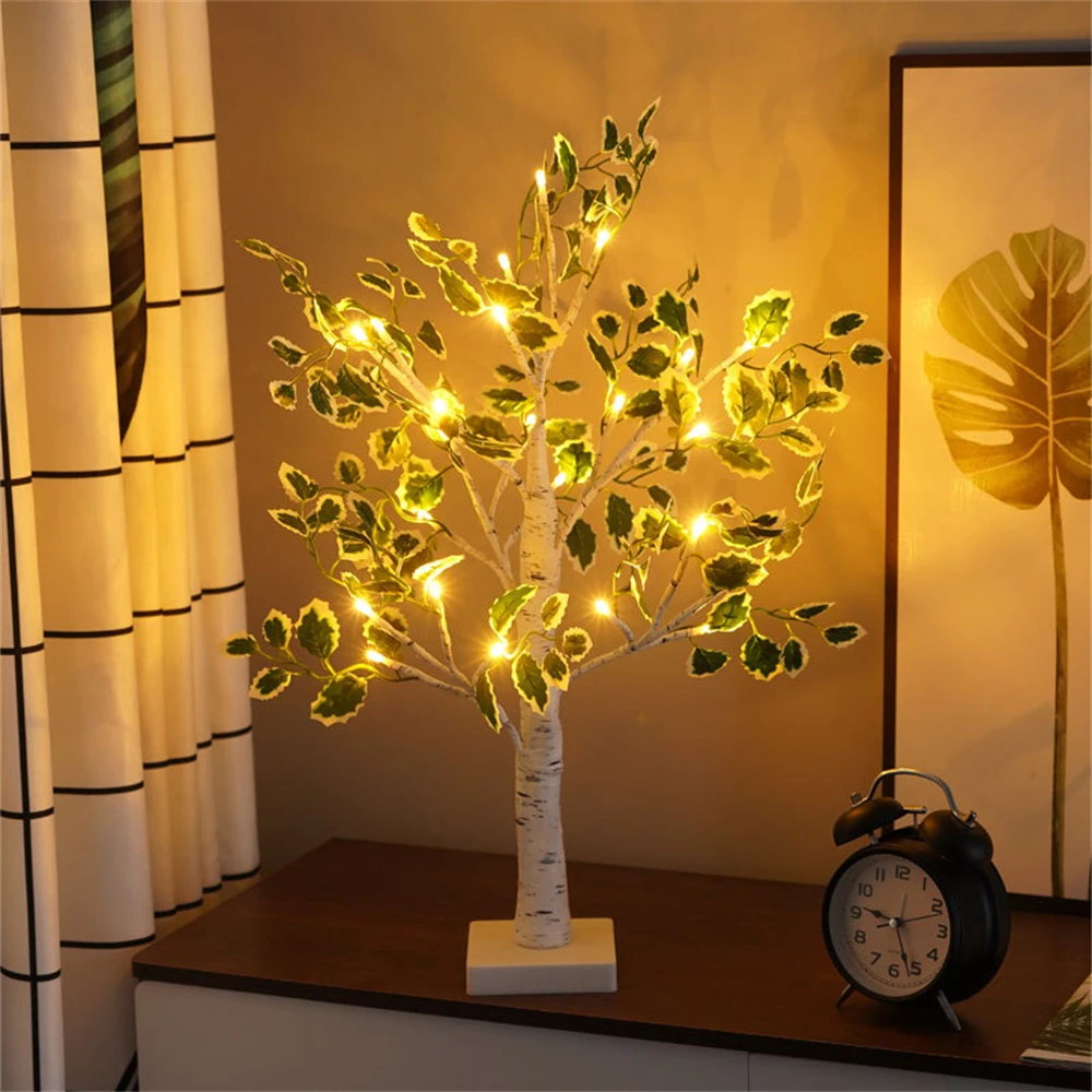 LED Birch Tree Lamp Artificial Green Leaf Tree Night Light USB/Battery Powered Table Lamp for Holiday Christmas Birthday Gifts