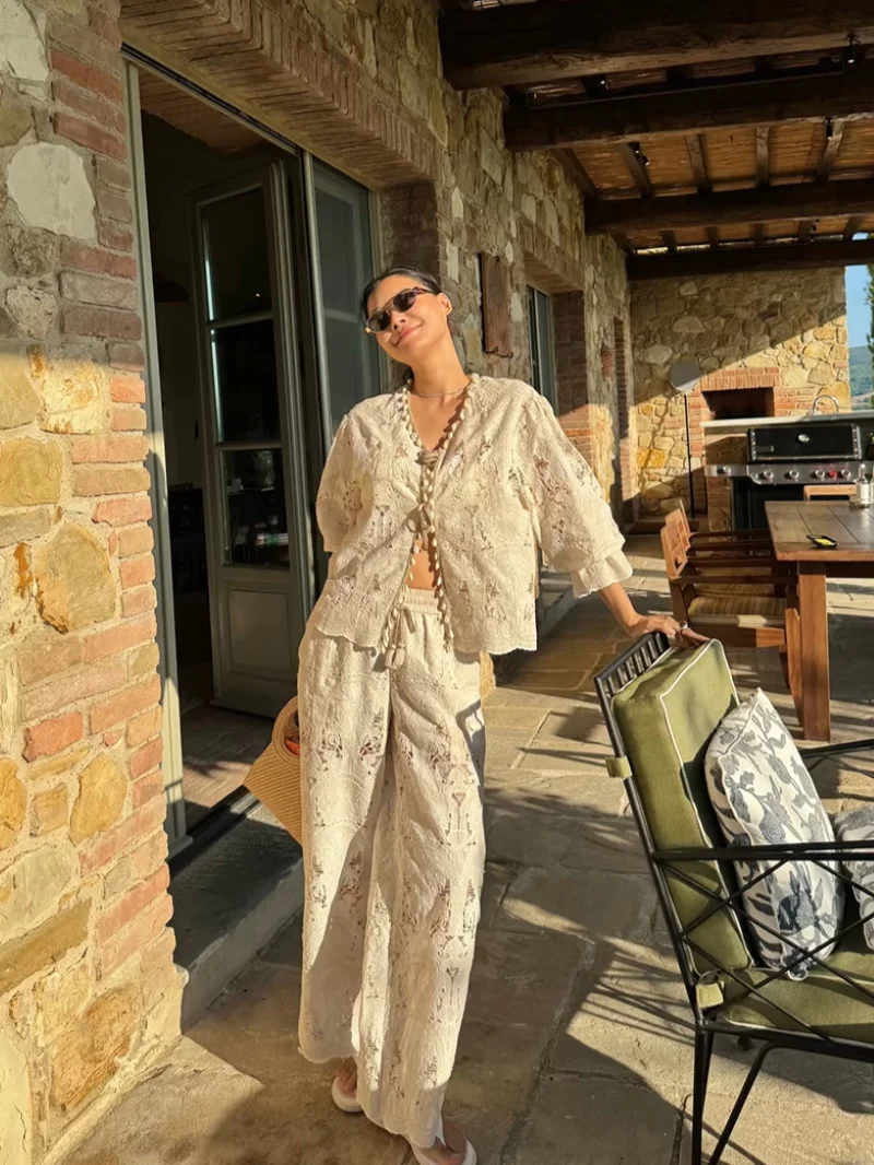 

Women Lace Embroidery Hollow 2-Piece Set V-Neck Long Sleeve Shirt + Drawstring Elastic Waist Wide Leg Pants Casual Female Suit