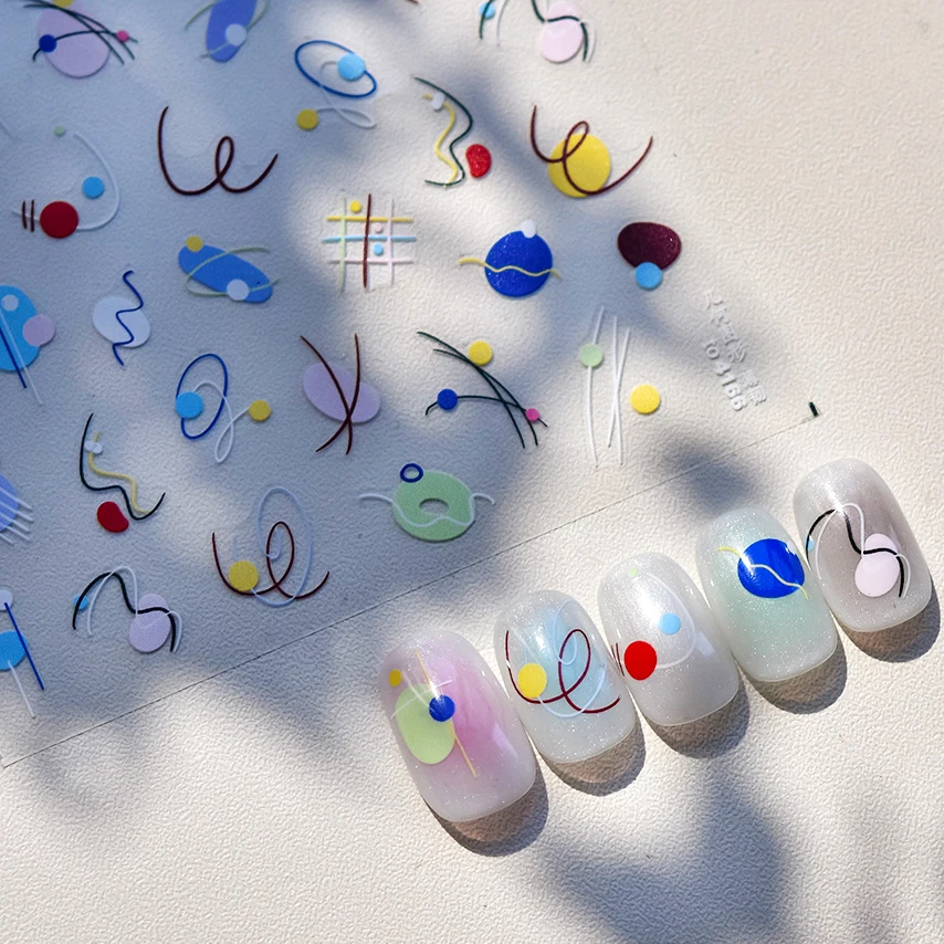 Pegatinas de colores geométricos para manicura, pegatinas autoadhesivas para arte de uñas, estilo de ilustración de bloque de Color de línea geométrica, planeta cuadrado marmoleado INS