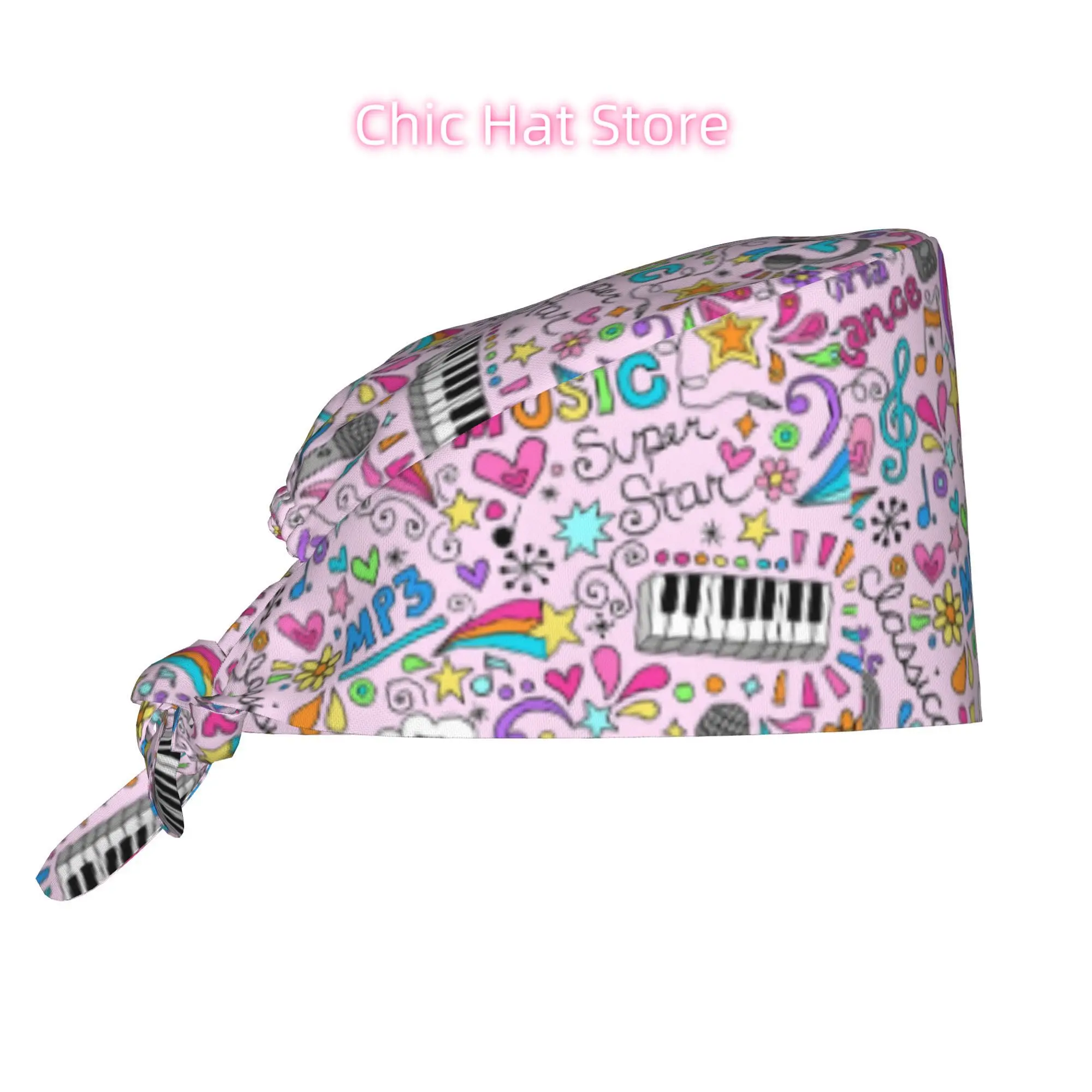 1pc Music Unisex Trendy Printed Work Cap - Lightweight Adjustable Skull Cap with Tie-Back for Nurses, Dustproof Chef & Cooking H