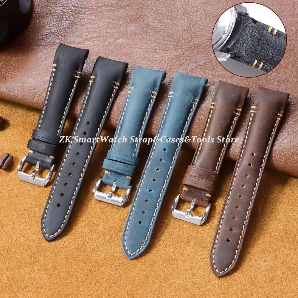 Handmade Retro Oil Wax Genuine Leather Watch Bands High Quality Calfskin Watch Strap 20mm 22mm Curved End Bracelet Men Wristband