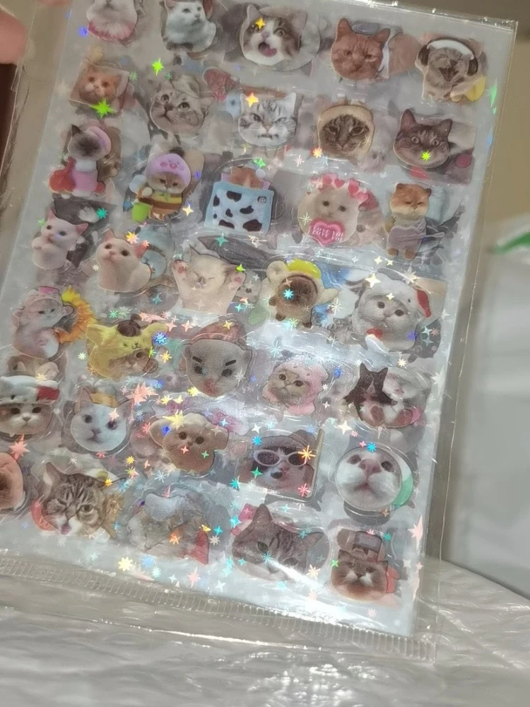 10 Pieces Funny Cat Laser Shiny Stickers, Waterproof Translucent PET Memo Stickers, Cute Pet Scrapbooking Craft Stationery