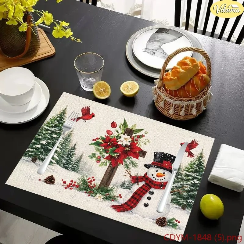 VIKAMA Christmas Placemats, Green White Gingham White Poinsettia Gold Ornament Bell Print, Washable Winter Holiday Mat
