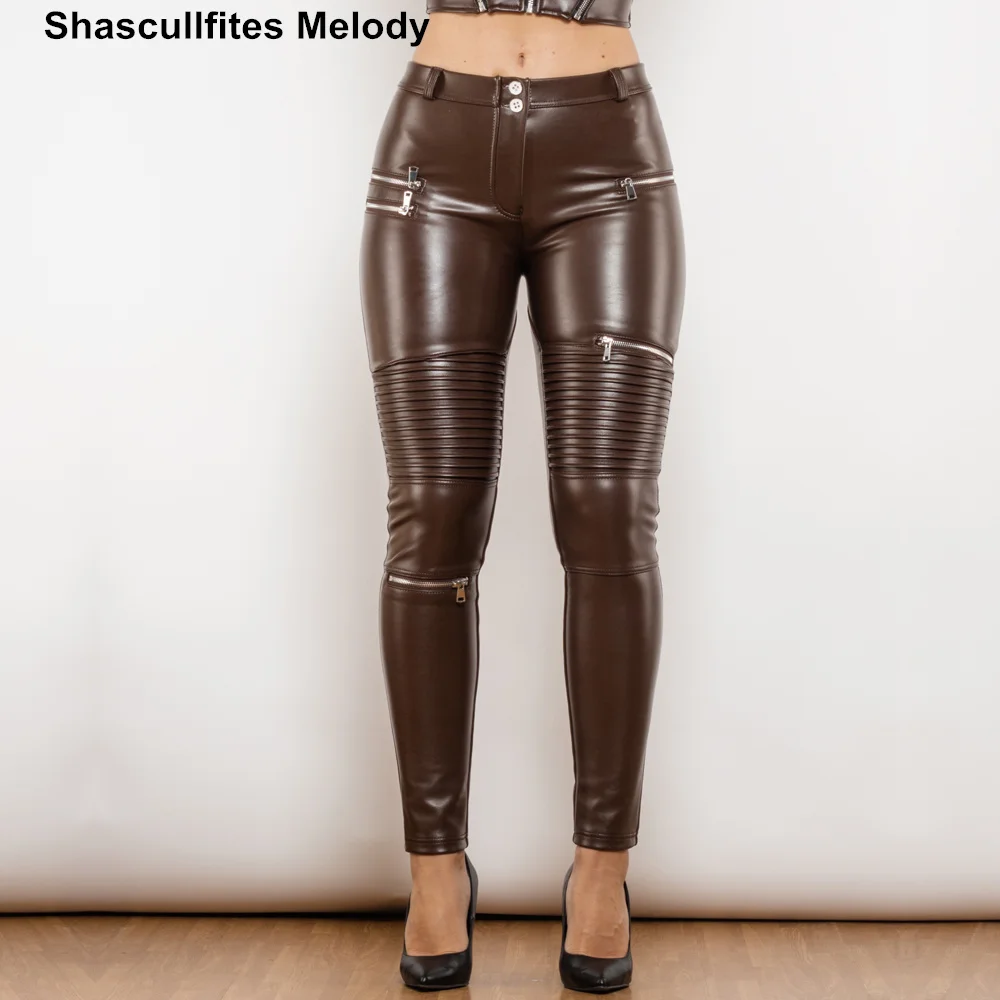 Shascullfites Melody Brown Pu Leather Pants Motorcycle Streetwear Middle Waist Skinny Pants Stitching Multi-Zipper for Women