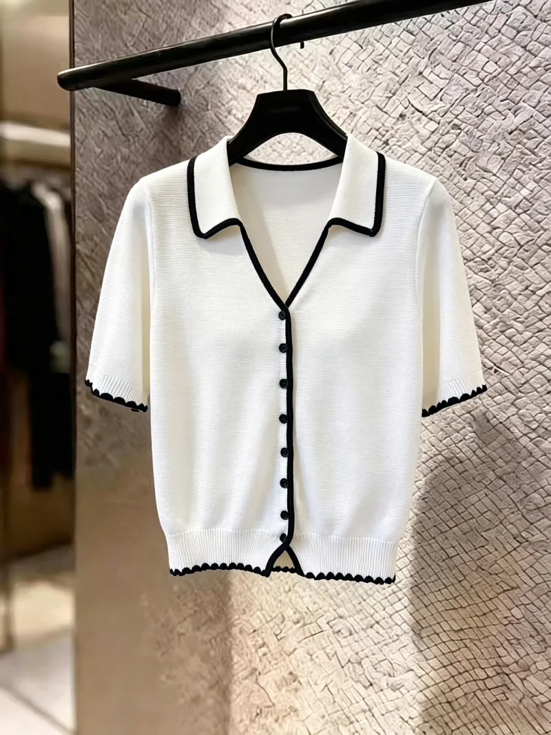 

Summer New Style Women's Knitted Short Sleeve Open Cardigan Self-Keeping Color Block Collar Lazy Fashion Versatile Anti-Aging...