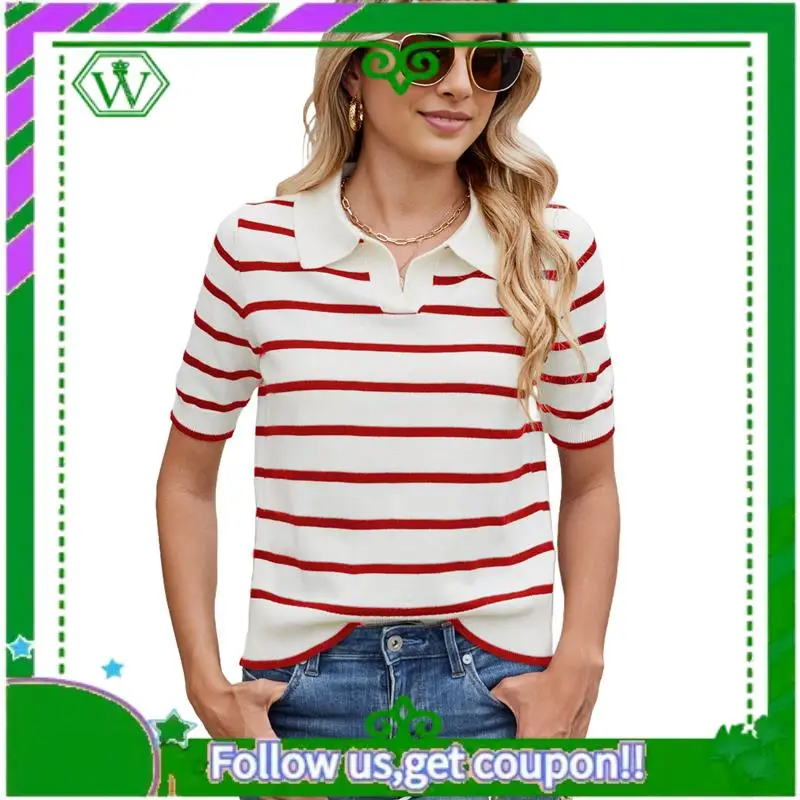 

A18P-Women Short Sleeve Striped Knit Polo- Crop Shirt Tops Vintage Collar V Neck Slim Fit T-Shirt Aesthetic Going Out