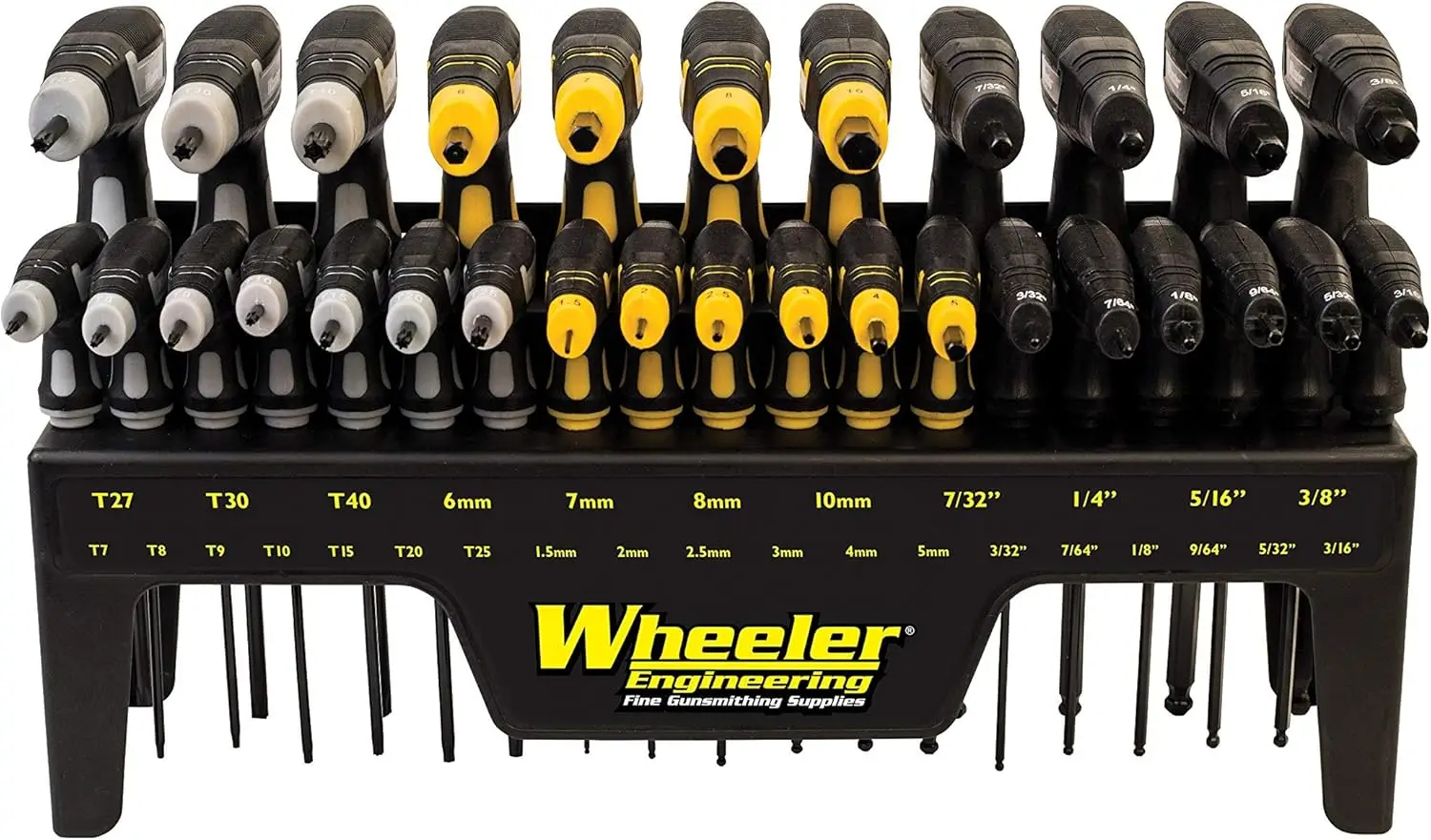 

30-Piece SAE/Metric Hex and Torx P-Handle Set for Gunsmithing, Rebuild, and Maintenance in Black, Yellow, Gray