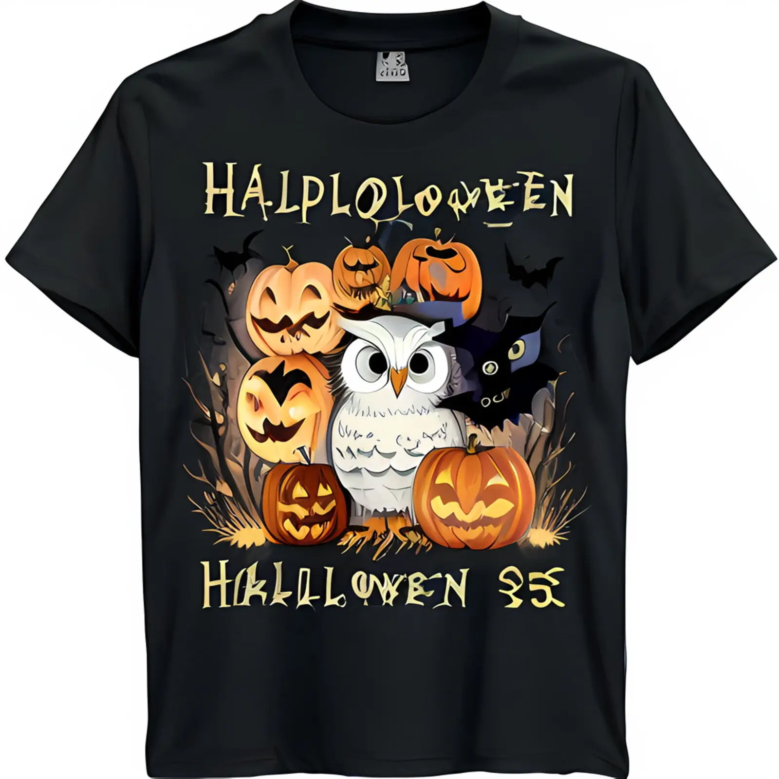 Happy Halloween Black T-Shirt with Owl in Witch Hat Pumpkins & Cat Graphic