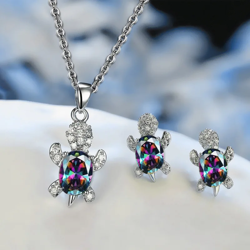 

1 set Women Fashion Simple Colorful Crystal Turtle Earrings Necklace Set Women's Wild Animal Series Jewelry Party Gift Wholesale