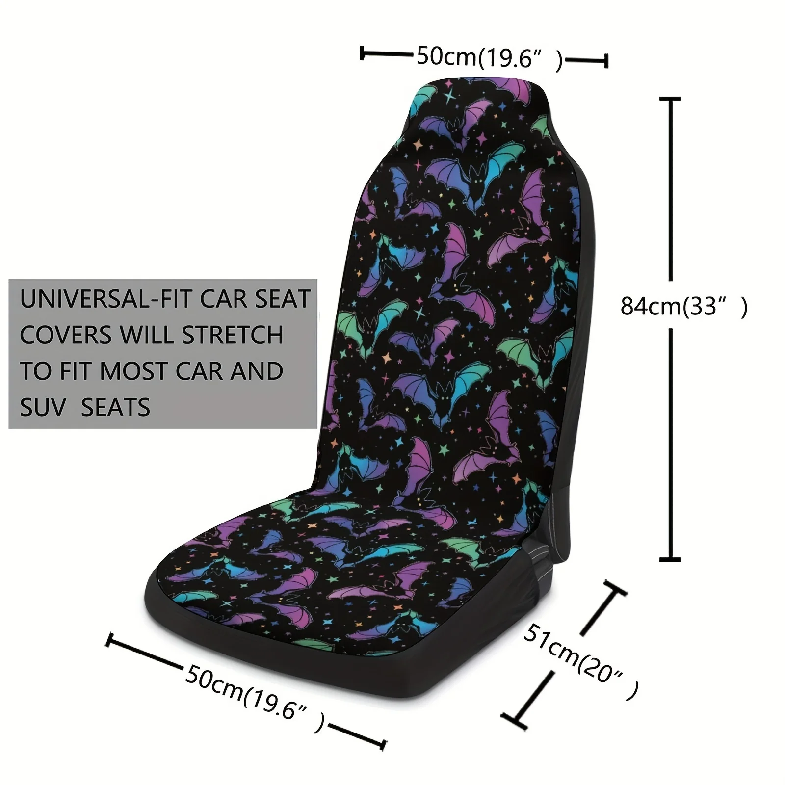 A Set Of Two Colorful Bat Print Car Seat Covers Suitable For Most Vehicle Models, Perfect As A Halloween Gift