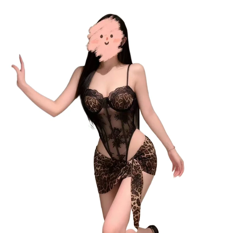 Bar Girl Sexy Leopard Print Lace See Through Jumpsuit Tempting Y2K Steel Holder Gathering Wrapped Skirt Set for Women