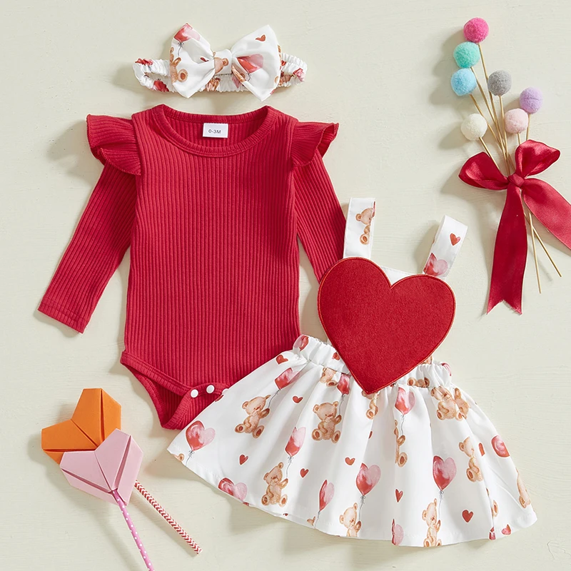 Baby Girls Valentine's Day Outfits Solid Romper Heart Bear/Bow Print Suspender Skirt Headband Newborn Clothes Sets