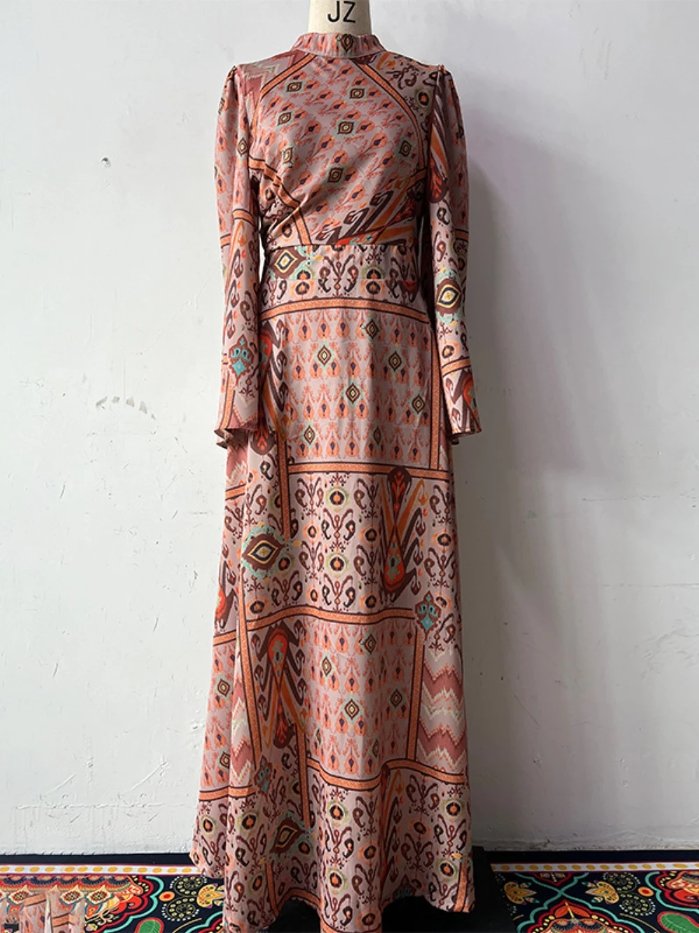 Hermosa impresión una línea vestido de noche clásico mangas acampanadas escote alto elegante gran oferta S-2XL vestido de fiesta Casual fecha fiesta