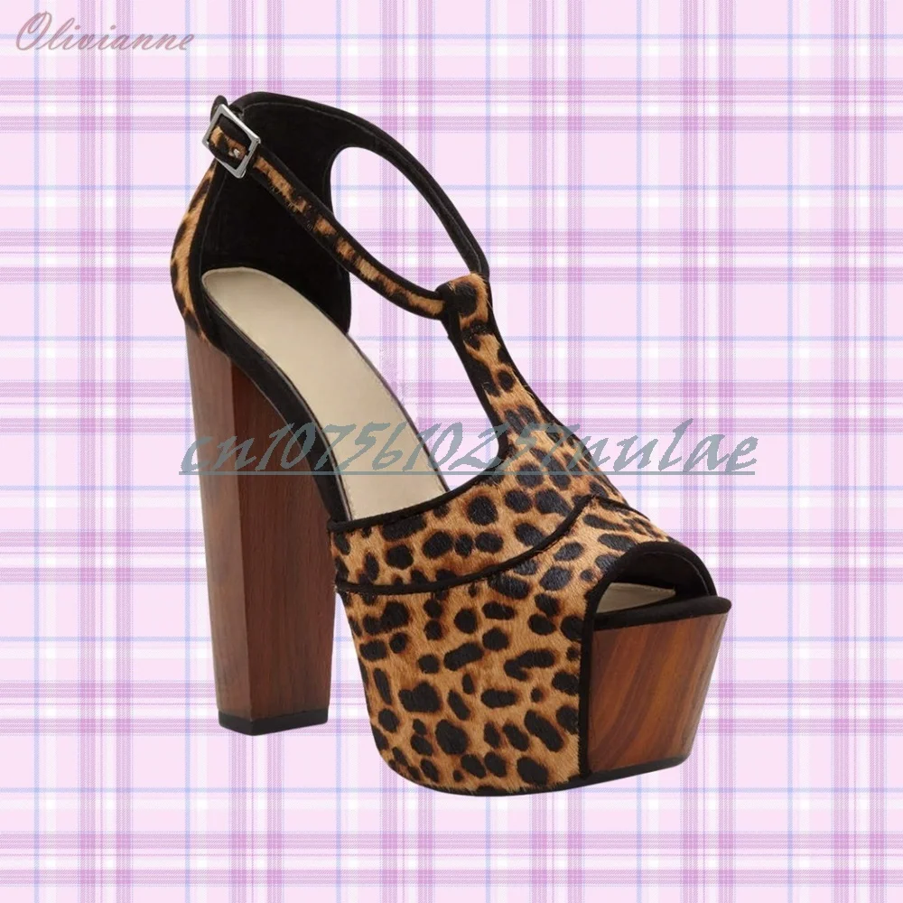 

Leopard T-Strap Hollow Sexy Sandals Peep Toe Chunky High Heel Ankle Buckle Hot Girls Party 2025 Women Shoes Zapatos Para Mujere