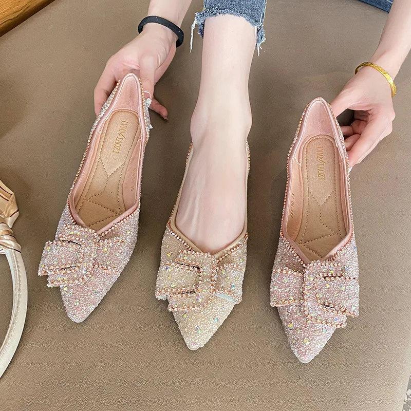Classic rhinestone casual single shoe women\'s summer 2024 new full diamond ladies pointed shallow mouth large flat shoes 41-43