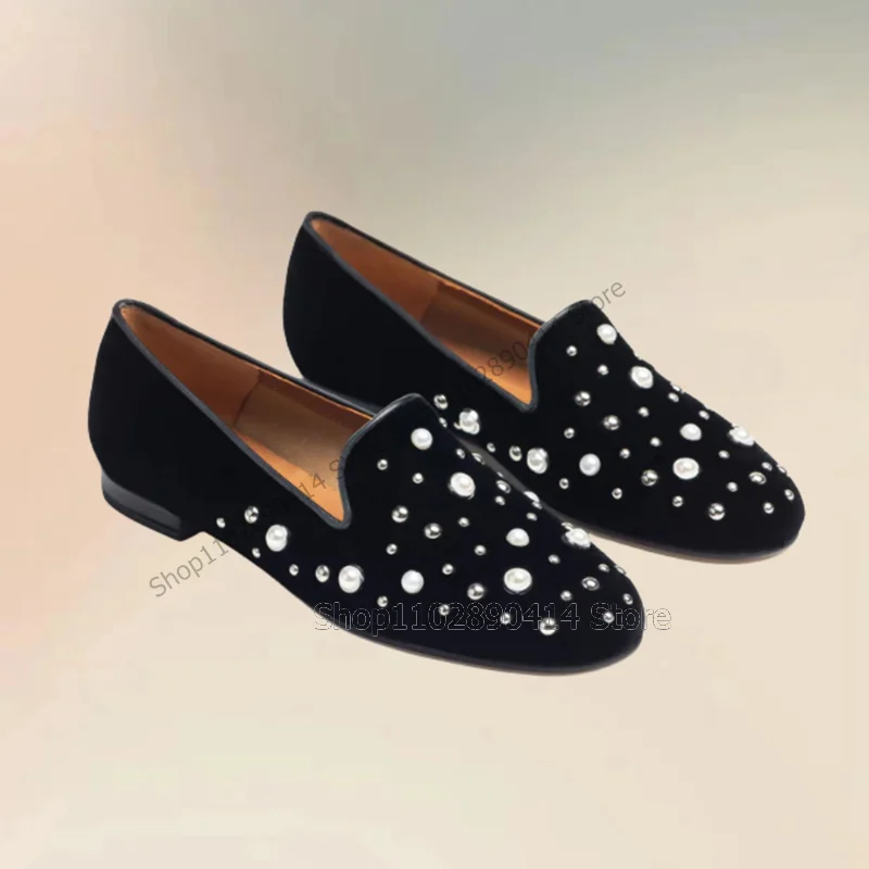 

Pearl Rivets Decor Black Flock Penny Loafers Fashion Slip On Men Shoes Luxurious Handmade Party Feast Banquet Men Casual Shoes