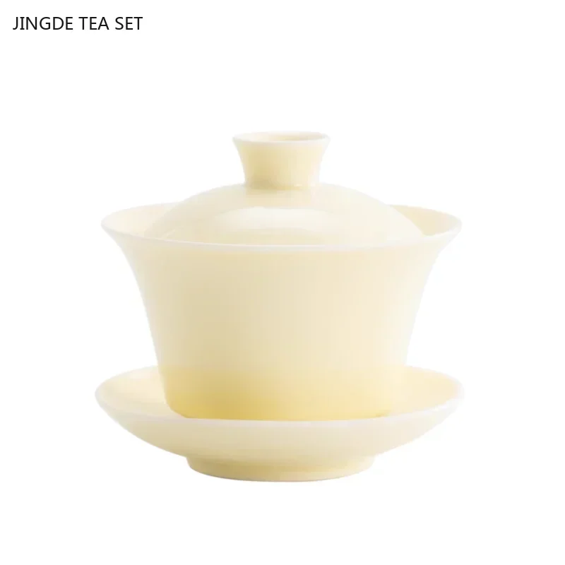 

1PCS Yellow exquisite ceramic tea set Handmade gaiwan teacup traditional porcelain tea accessories with covered teacup