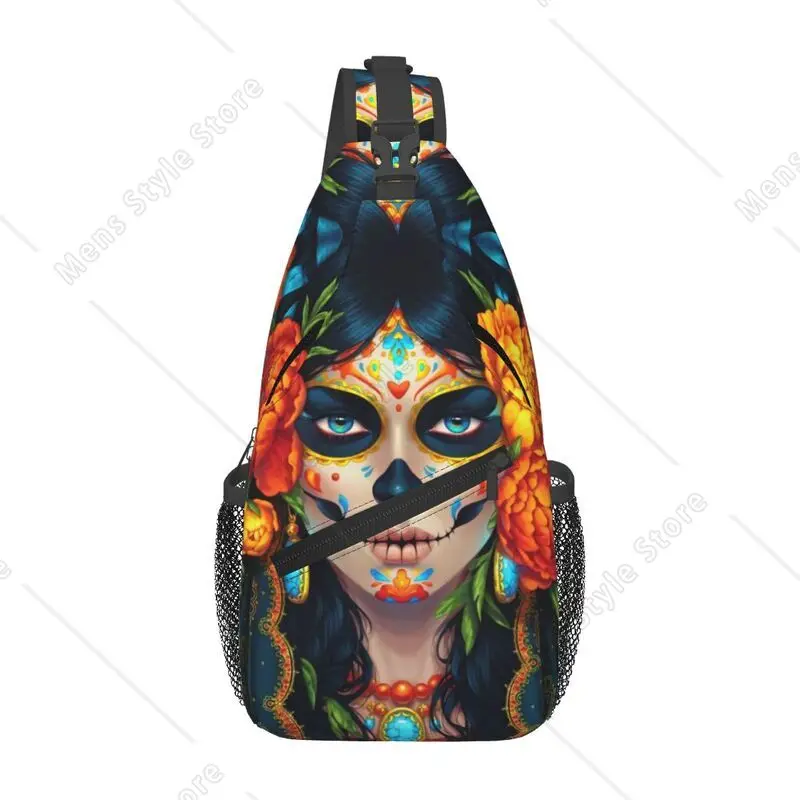 Custom Mexican Sugar Skull Lady Sling Chest Bag Custom Crossbody Shoulder Backpack for Men Cycling Camping Daypack