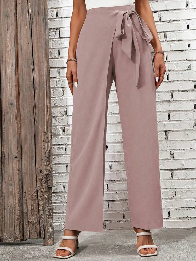 Women\'s New Spring And Summer Korean Solid Color Straight Suit Pants High Waist Lace-Up Back Zipper Temperament Suit Pants