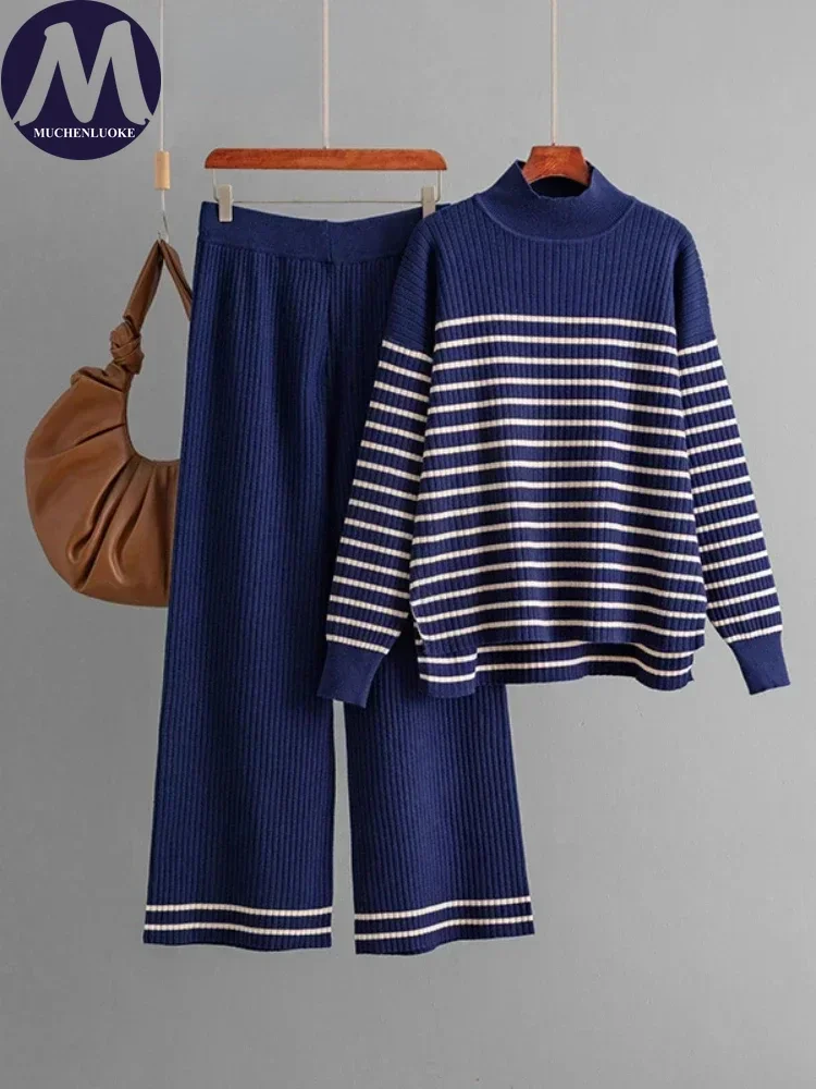 2 Piece Sets Women Outfit Autumn Winter Striped Half High Neck Knitted Sweater Top Suits Fashion Casual Loose Wide Leg Pant Sets