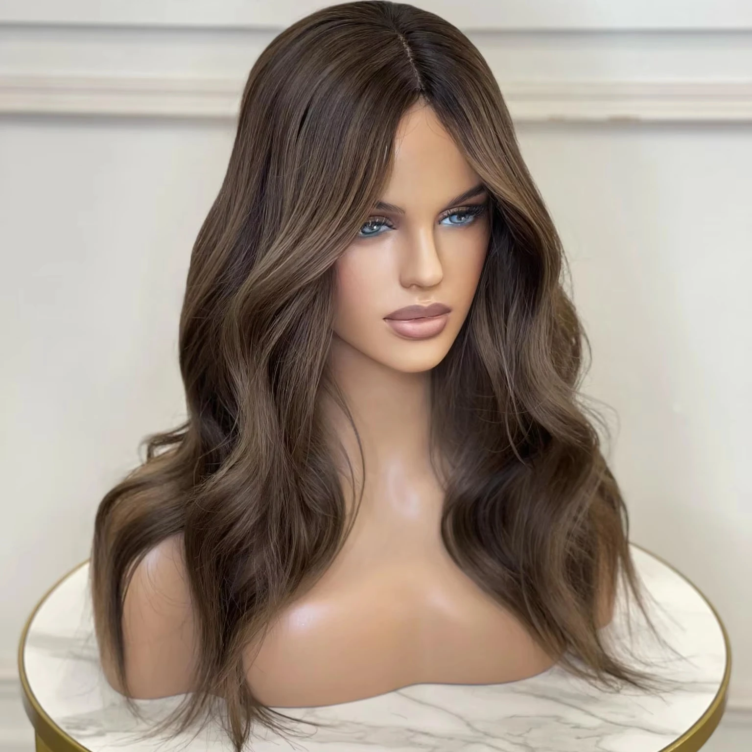 

Pretty Natural Dark Brown Super Flat Wefted Human Hair Topper Wavy Silk Base Women Toupee Jewish Kosher Topper Silk Top