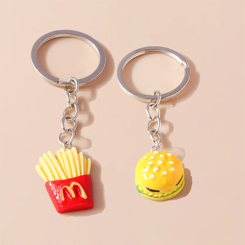 Cute Resin Simulation Food Keychain Hamburger French Fries Key Ring for Car Key Holder Handbag Charms Pendant DIY Jewelry Gifts