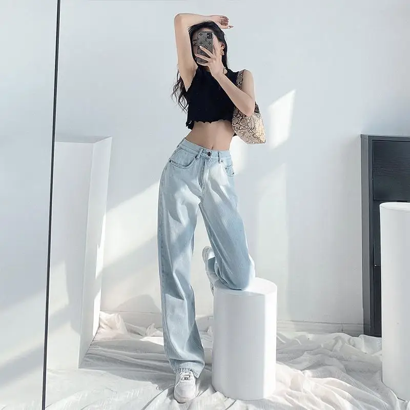

Women's Jeans Straight Leg Light Cowboy Pants for Woman High Waist Shot Loosefit Clothing Korean Fashion Spring Clothes Trousers