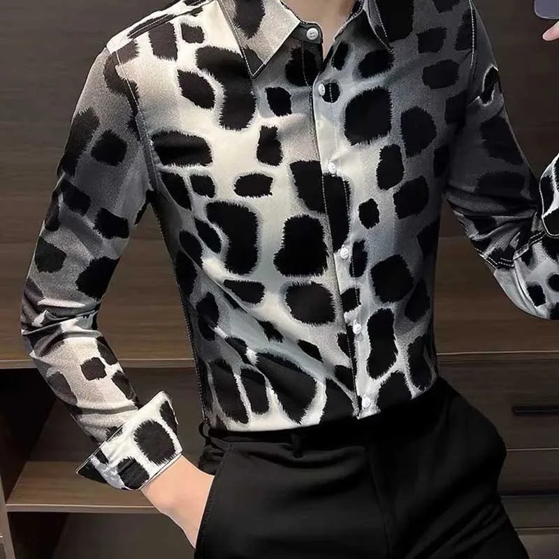 Fashion Lapel Button Printed Gradient Leopard Shirts Men\'s Clothing 2024 Spring Summer New Loose All-match Tops Casual Shirts