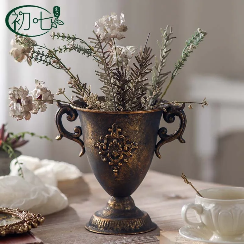 

French court style vase antique gold flower shop decoration antique iron desktop flower pot B & B ornament