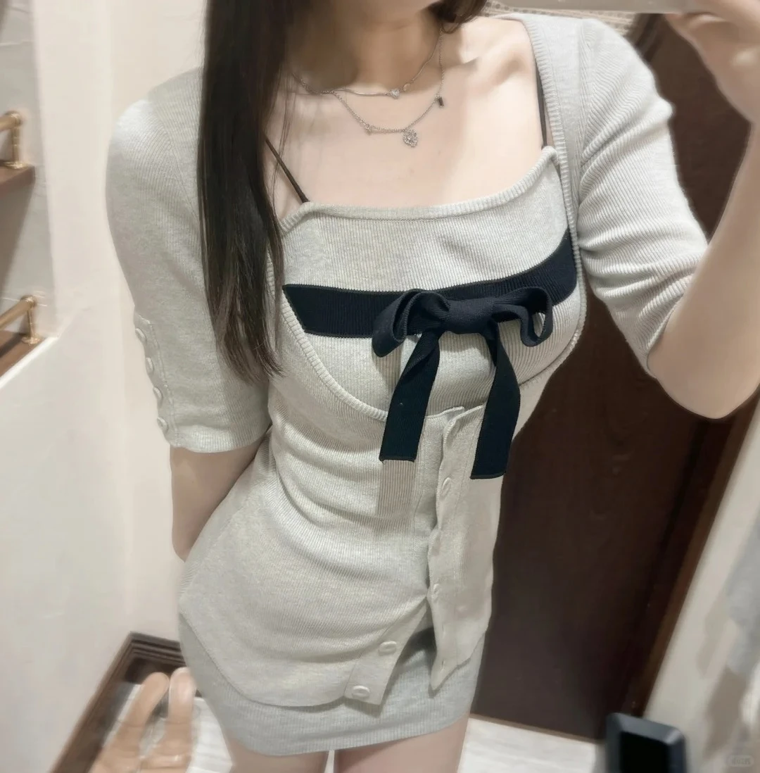 

Kuzuwata Student Office Lady Solid Set Cardigan Short Bow Spaghetti Strap Japan New Elegant Straight High Waist Three-piece Suit