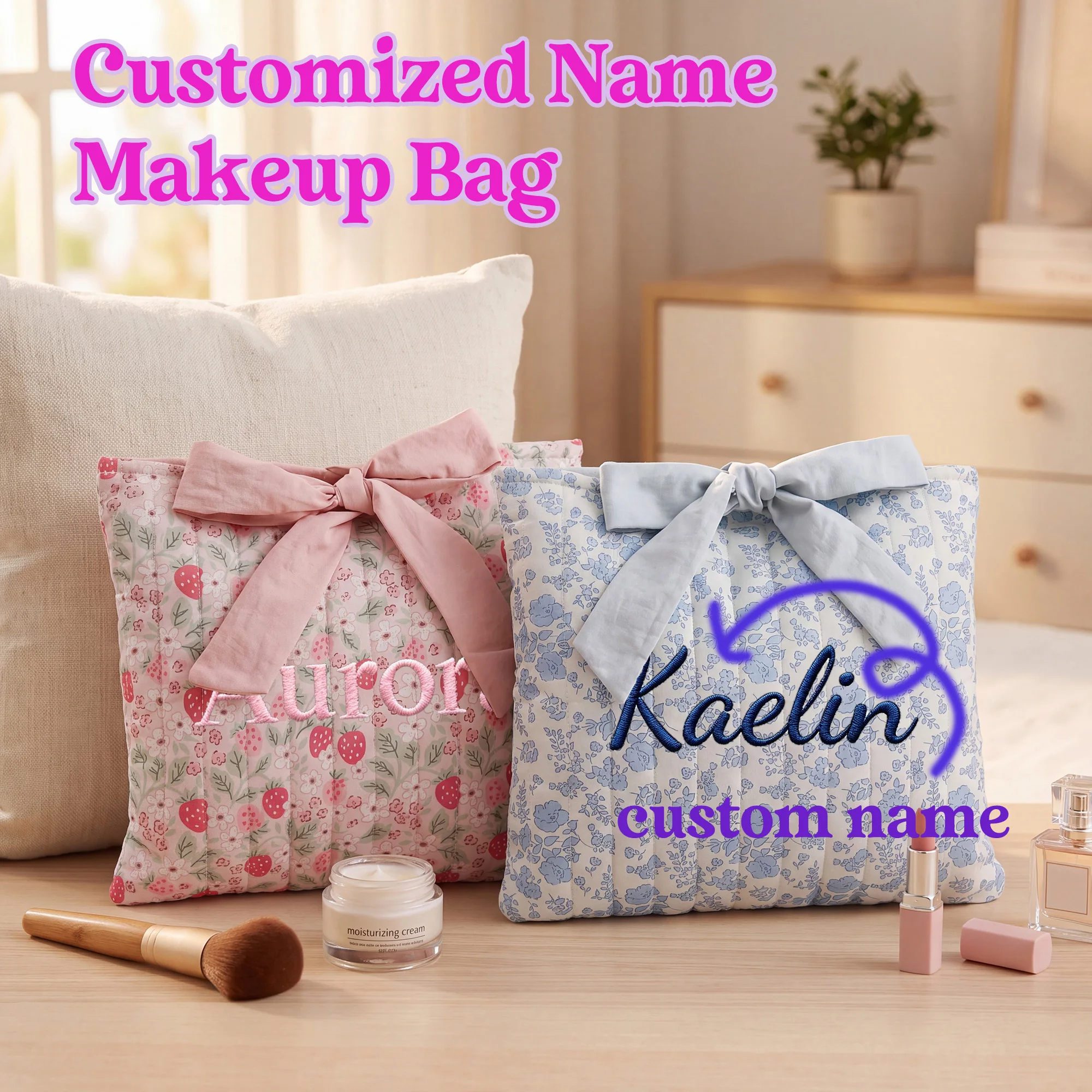 1 PC Personalized  Makeup Bag Custom Embroidered Name Cosmetic Bag Women Travel Toiletry Pouch