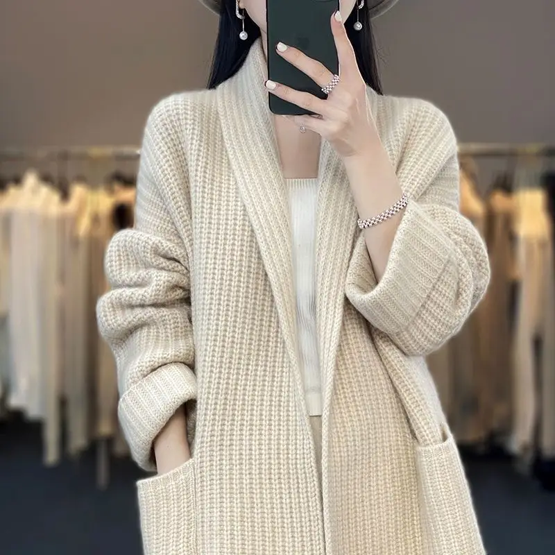 

Women's Thick Solid Color V-neck Knitted Cardigan with Loose Pockets Sweater Jacket for Autumn/winter 2025